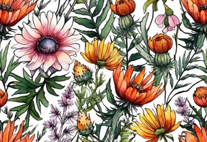 wildflowers with thistles, ferns, burnt orange flower, white flowers, pink flowers, red flowers and yellow flowers all in watercolor tattoo idea