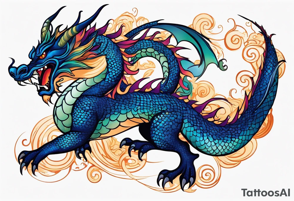 An epic floating asian dragon. Its long body coiling dynamically, with scales and horns detailed to create a sense of movement and strength. The dragon's main color is midnight blue, giving a vibrant depth and a mystical aura. This tattoo highlights the dragon’s fierce expression and sharp claws. tattoo idea