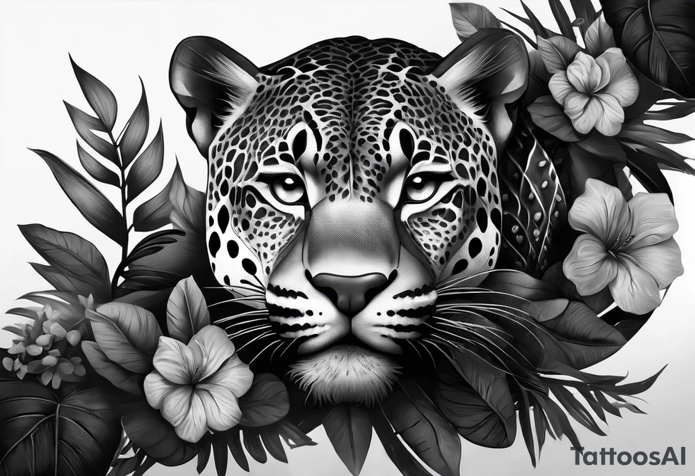 Black and grey realism with a pit viper snake, jaguar, and rainforest background for a forearm sleeve. Create the snake and jaguar to have aggressive features tattoo idea