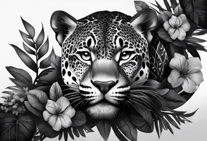 Black and grey realism with a pit viper snake, jaguar, and rainforest background for a forearm sleeve. Create the snake and jaguar to have aggressive features tattoo idea