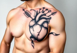 anatomical heart pierced by ornate arrow with flowing ribbons tattoo idea
