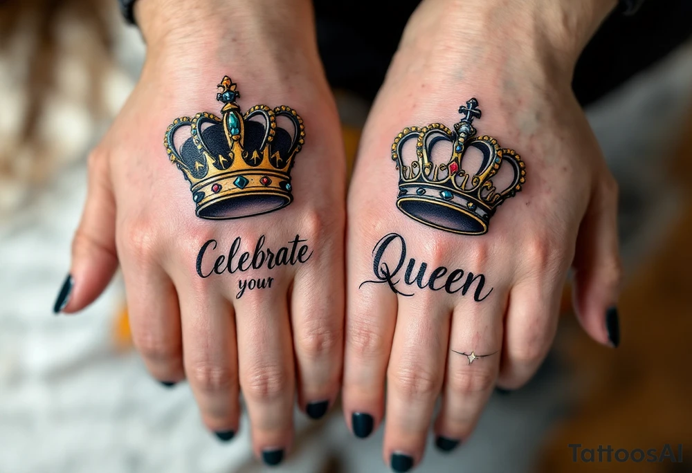 Minimalist black king and queen crowns with gold and silver accents on the outer hands of couple celebrate your royal bond. tattoo idea
