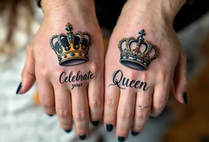 Minimalist black king and queen crowns with gold and silver accents on the outer hands of couple celebrate your royal bond. tattoo idea
