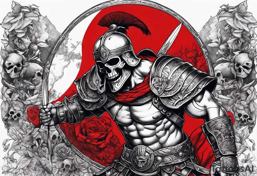Black and white full body of gladiator, with red clothes, red blood around, skulls and skeletons on the ground tattoo idea