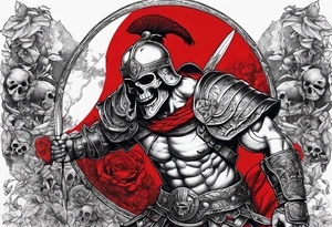 Black and white full body of gladiator, with red clothes, red blood around, skulls and skeletons on the ground tattoo idea