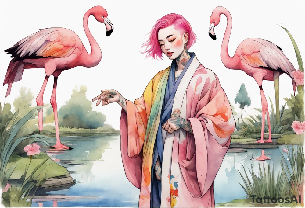 a smiling nonbinary person with pink hair wearing a rainbow medieval robe standing next to a single flamingo near a pond tattoo idea