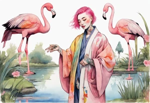 a smiling nonbinary person with pink hair wearing a rainbow medieval robe standing next to a single flamingo near a pond tattoo idea