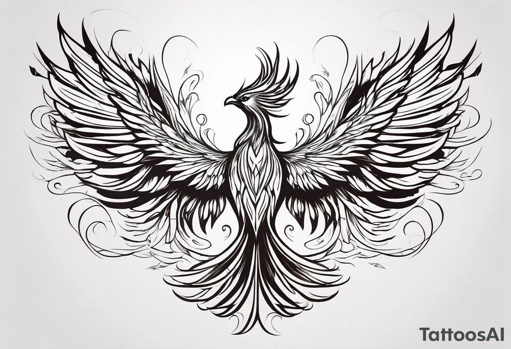 Minimalist Tattoo: A powerful, majestic phoenix, depicted mid-flight or rising, with wings extended and feathers flowing. Deep shading and intricate details to bring out the texture and motion of the feathers. Style: Minimalist. tattoo idea