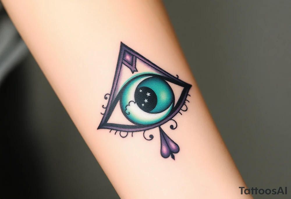 Large outline of an almond shaped eye with an ace of spades for the eyeball center colored greenish blue with a crescent moon stars and clouds inside vivid colors blue green purple tattoo idea