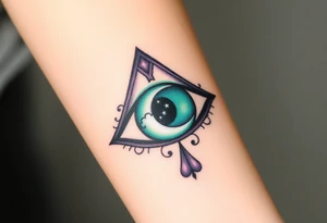 Large outline of an almond shaped eye with an ace of spades for the eyeball center colored greenish blue with a crescent moon stars and clouds inside vivid colors blue green purple tattoo idea