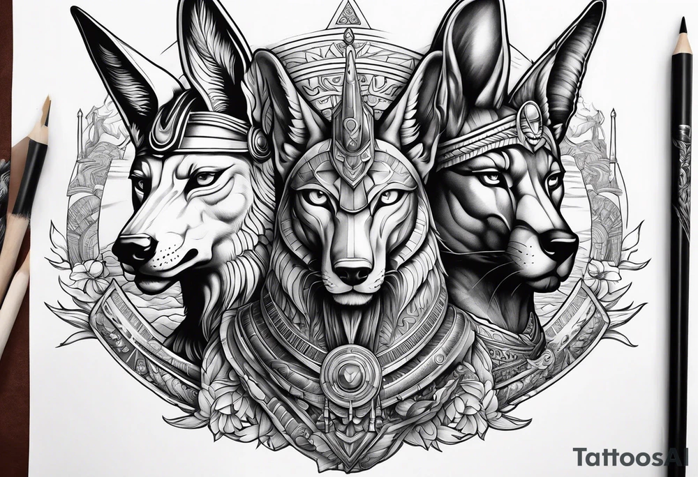 mix sleeve design of egyptian and greek mythology featuring anubis and poseidon tattoo idea