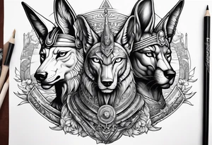 mix sleeve design of egyptian and greek mythology featuring anubis and poseidon tattoo idea
