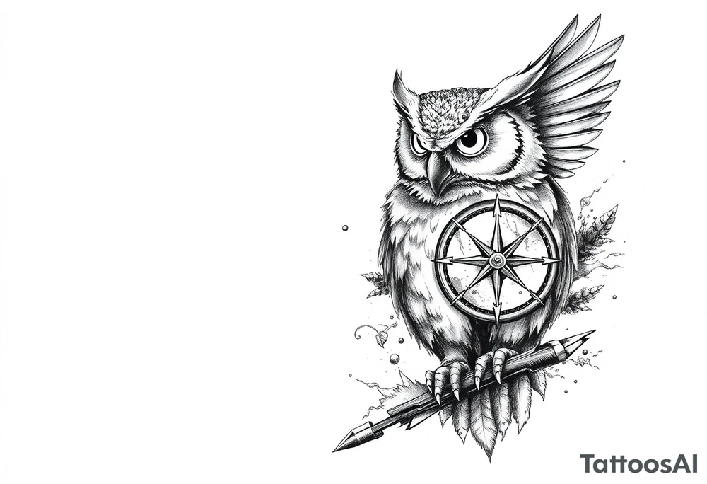 an owl,a compass,landscape. tattoo idea