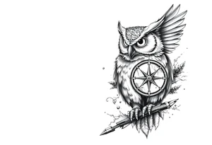 an owl,a compass,landscape. tattoo idea