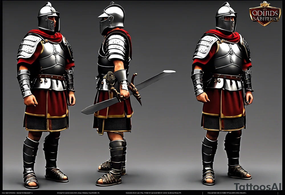 a high ranking roman soldier from AD 60, wearing armour which must include an armoured belt, breastplate, armoured shoes, shield, helmet and sword.
the soldier must look strong. the soldier is faceless. The image must include the full person, not just the top half. The soldier is mid-battle, fending off flaming arrows with his shield tattoo idea