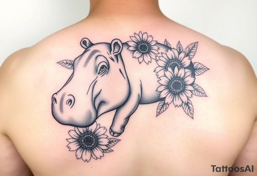 Cute hippo and with sunflowers and carnations realistic and feminine tattoo idea