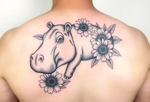 Cute hippo and with sunflowers and carnations realistic and feminine tattoo idea