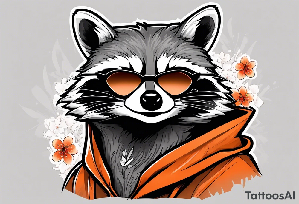 Raccoon wearing a white Superman logo on a black hoodie and orange Japanese cherry blossoms tattoo idea
