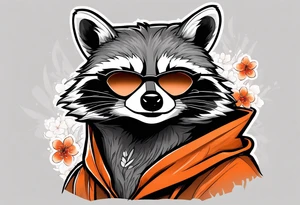 Raccoon wearing a white Superman logo on a black hoodie and orange Japanese cherry blossoms tattoo idea