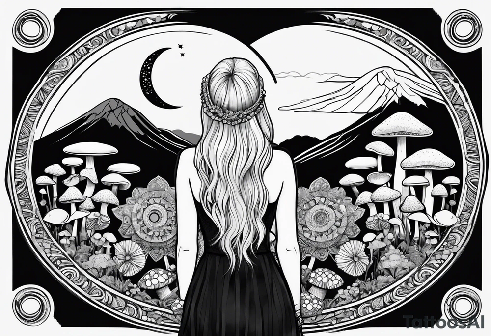 Straight blonde hair girl facing away toward mountains surrounded by mushrooms crescent moon mandala circular design black and white striped dress figure 8 tattoo idea