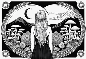 Straight blonde hair girl facing away toward mountains surrounded by mushrooms crescent moon mandala circular design black and white striped dress figure 8 tattoo idea