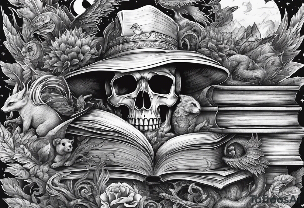 Stack of books surrounded by fantasy creatures tattoo idea
