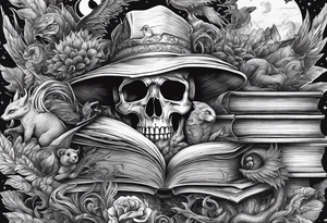 Stack of books surrounded by fantasy creatures tattoo idea