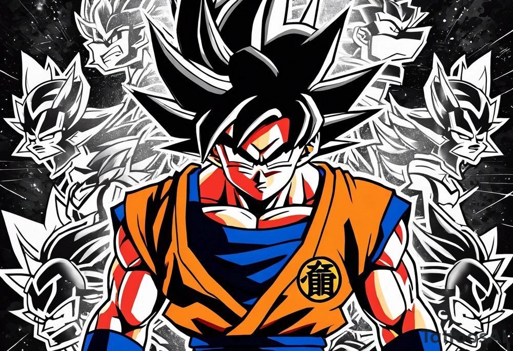 Son-Goku as a super saiyajin is in the middle and black Silhouettes of Gokus friends are surrounding him and covering his back tattoo idea