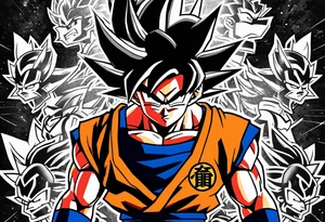 Son-Goku as a super saiyajin is in the middle and black Silhouettes of Gokus friends are surrounding him and covering his back tattoo idea