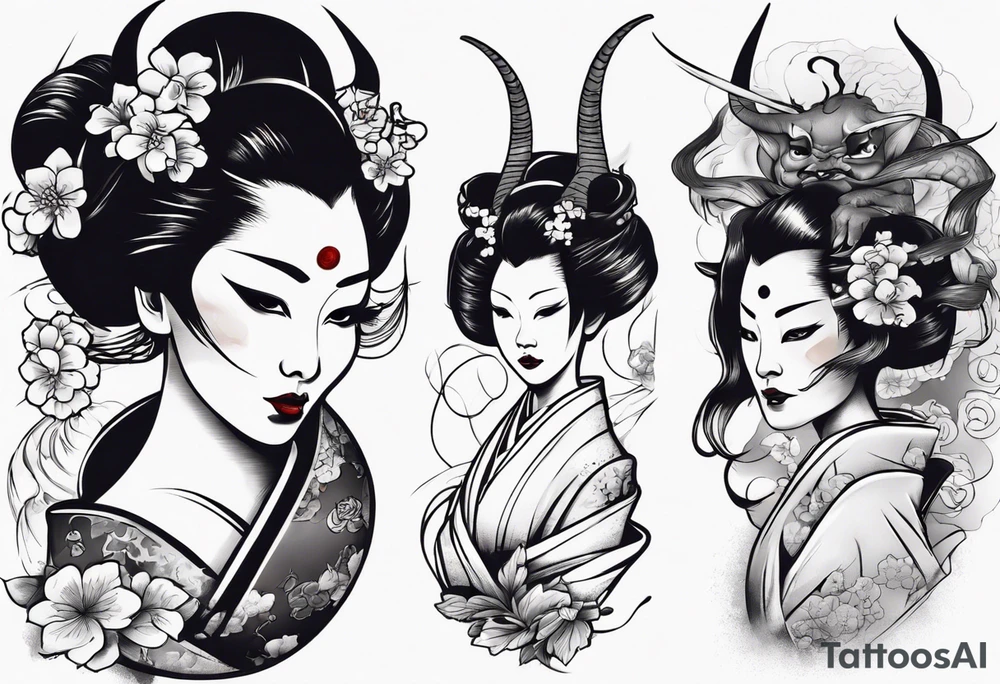 beautiful geisha with a shadow of a devil tattoo idea