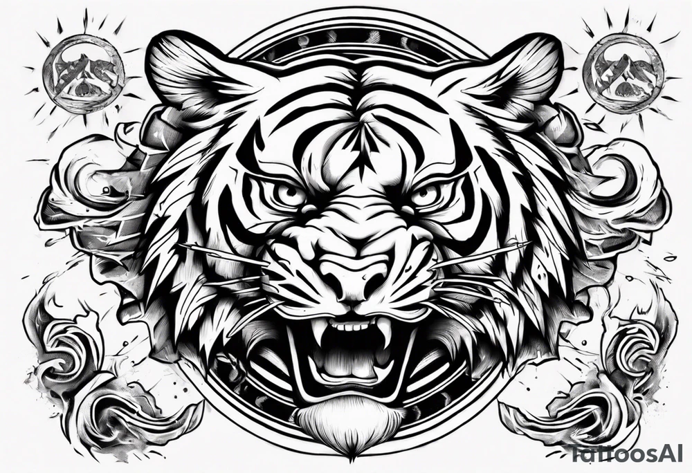 Ancient tiger with lightning and a sun for a forearm sleeve. With patterns surrounding it tattoo idea