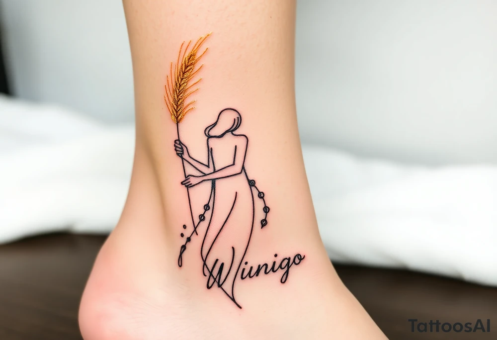 An ethereal woman holding a glowing wheat stalk, with soft golden highlights and with the word Virgo tattoo idea