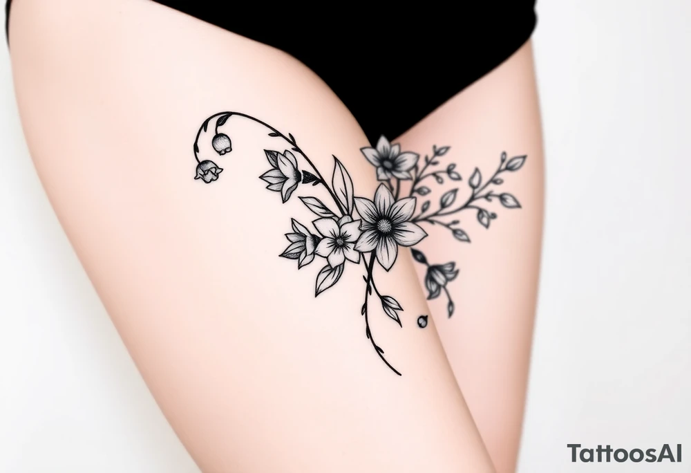 Simple small design in black bunch of flowers 1 lily of the valley 1 daffodil 1 holly vine 1 larkspur tattoo idea