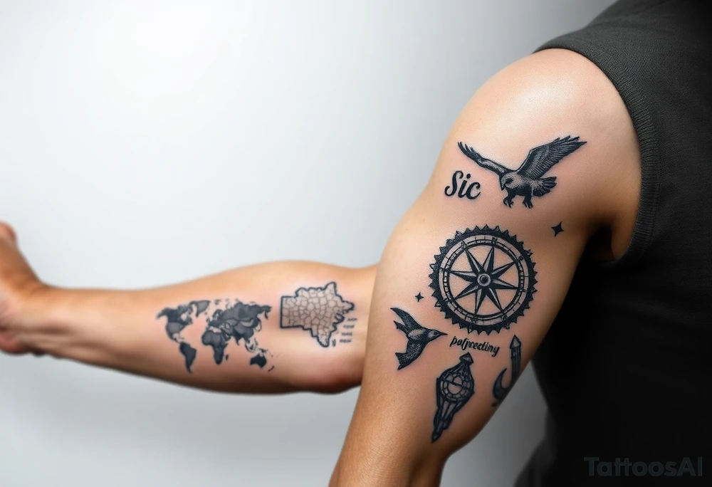 Uncharted 4 sleeve from upper elbow to shoulder including the designs of the ring, decoder, birds, map, and compass with the words sic parvis magna. tattoo idea