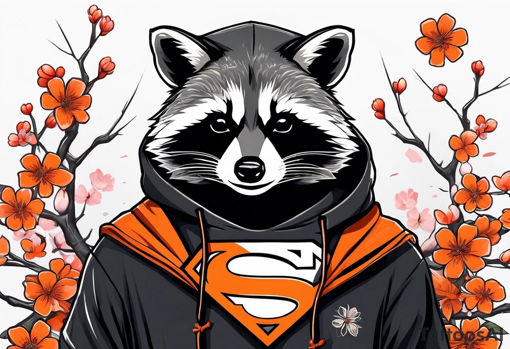 Raccoon wearing a white Superman logo on a black hoodie and orange Japanese cherry blossoms beside tattoo idea