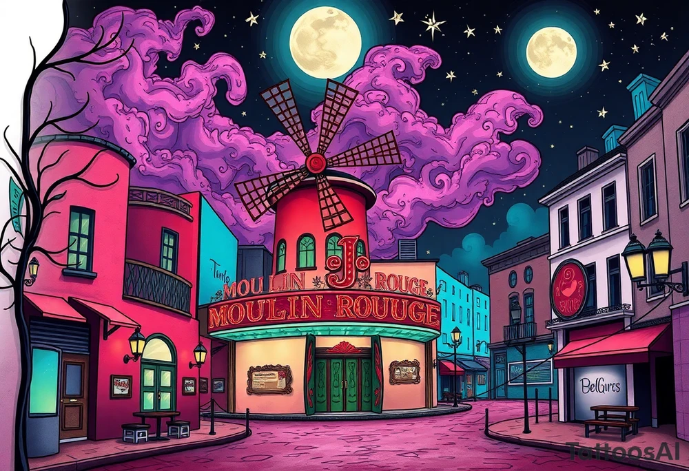 Tim Burton’s moulin Rouge from outside view is the street abandoned and dripping with muted reds, dusty pinks, and eerie green glow purple and cyan smokey clouds swirl and dance in the moonlit night sky filled with twinkling stars  tattoo idea tattoo idea