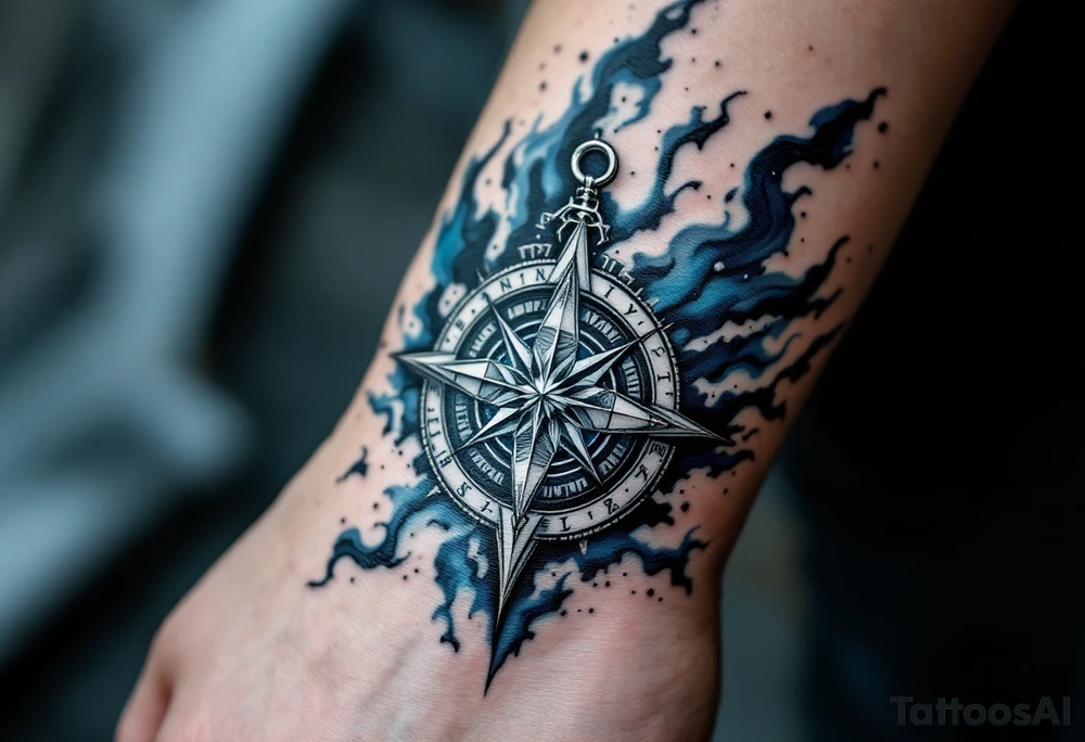 A white runic compass (Vegvísir) inked with fine black details and surrounded by stormy blue mist. tattoo idea