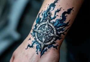 A white runic compass (Vegvísir) inked with fine black details and surrounded by stormy blue mist. tattoo idea