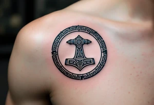 A Norse rune circle with Mjölnir hammer at the center, in a black, grey, and  blue palette. tattoo idea