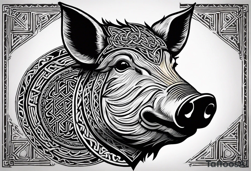 Side profile, Celtic, tribal, wild boar, On a Chatwin family crest with blue background, two gold stars, and a gold Chevron, and a Thistle. With bold black tribal lines. ancient Celtic, tribal boar tattoo idea