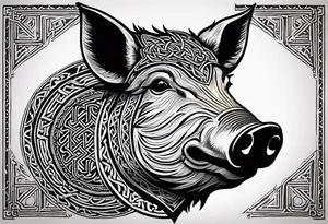 Side profile, Celtic, tribal, wild boar, On a Chatwin family crest with blue background, two gold stars, and a gold Chevron, and a Thistle. With bold black tribal lines. ancient Celtic, tribal boar tattoo idea