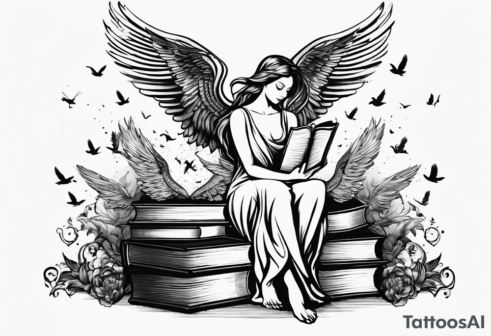 Angel kneeling next to open stack of books with bird silhouettes flying out of the book. tattoo idea