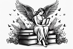 Angel kneeling next to open stack of books with bird silhouettes flying out of the book. tattoo idea