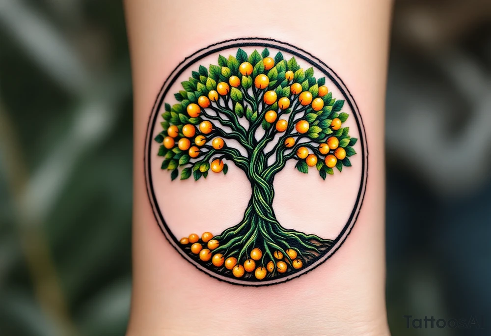 A forest green tree of life inside a round frame of braided roots and glowing amber fruits. tattoo idea
