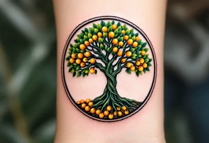 A forest green tree of life inside a round frame of braided roots and glowing amber fruits. tattoo idea