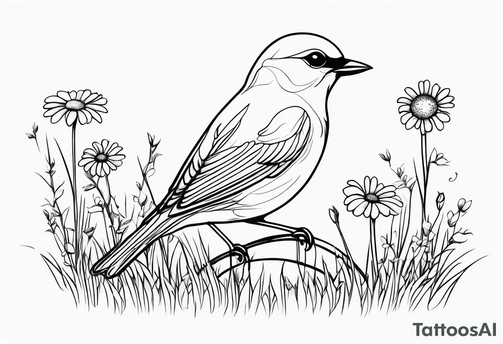 Little bird outline sitting in a field of grass and daisys tattoo idea