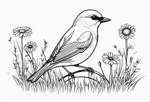 Little bird outline sitting in a field of grass and daisys tattoo idea