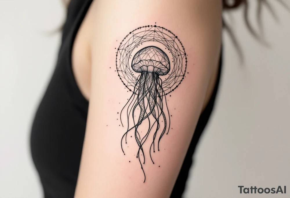 small, minimal fine-line tattoo, single jellyfish, sacred geometry surround, dotwork patterns, jellyfish bell dome, flowing tentacles, trailing streamers, geometric mandala, radiating dotwork, minimalist design, black grey lines, soft shading, no outlines, geometric frame, organic jellyfish form, upper arm shoulder placement, light airy feel, delicate linework, geometric backdrop, clean lines, radiating patterns, simple jellyfish centerpiece, minimalist, psychedelic tattoo idea