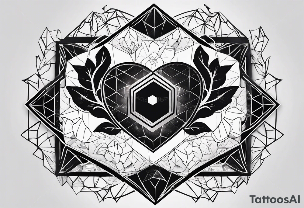 black hexagon heart with black background and god symbol tattoo idea