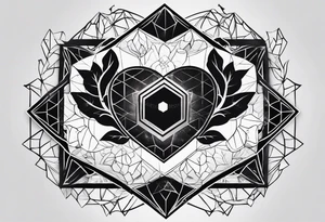 black hexagon heart with black background and god symbol tattoo idea